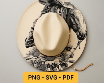 Horse and Cowgirl Hat Laser Engraving Design, Wide Brim Hat Burning Stencil, Sunflowers Hat Burning Template, Western Pyrography Design