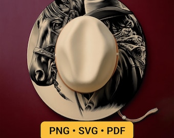 Hat Burning Pyrography Design, Horse and Cowgirl Laser Engraving Template for Wide Brim, Western Stencil Hat Burning Pattern