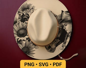 Horse and Cowgirl Hat Laser Engraving Design, Wide Brim Hat Burning Stencil, Sunflowers Hat Burning Template, Western Pyrography Design