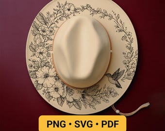 Lasergraveringsdesign för kolibri och blommor, hattbrinnande png för LightBurn + PDF-mall för bred brätte, pyrografisch stencilhatt