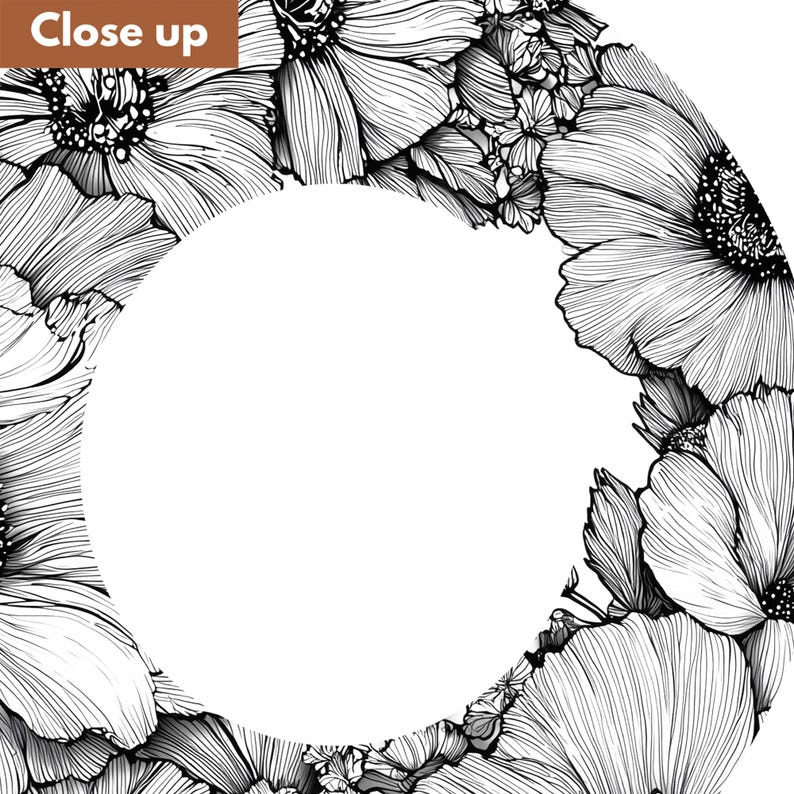 Puede incluir: Primer plano de un dise&ntilde;o floral en blanco y negro. La imagen presenta un detallado dibujo lineal de flores, con un gran c&iacute;rculo blanco en el centro. El texto "Close up" est&aacute; en un rect&aacute;ngulo marr&oacute;n en la esquina superior izquierda.