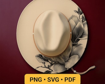 Hat Laser Engraving Design, Magnolias Hat Burning Stencil, Wide Brim Hat Burning Template, Floral Pyrography Design, READY TO PRINT