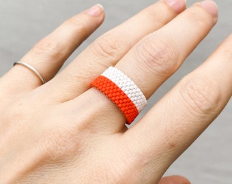 Red white beaded ring, Beaded jewelry, Minimalist ring custom wide band, Statement ring, Birthday gifts ideas for mom, sister, daughter