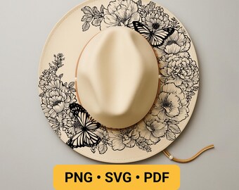 Hut Laser Gravur Design, BEREIT ZUM DRUCK, Schmetterling Hut Brennende Schablone, Hut Brennende Vorlage mit breiter Krempe, Natur Floral Pyrographie Design
