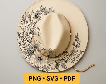 Desenho para gravação a laser em chapéu, PRONTO PARA IMPRIMIR, Estêncil para pirografia com flores em chapéu, Molde para pirografia em chapéu de aba larga, Desenho floral em pirografia