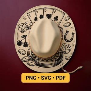 May include: A cream-colored cowboy hat with a brown band, featuring a casino-themed design. The brim is decorated with playing cards, dice, poker chips, a roulette wheel, a horseshoe, and cherries. The text "PNG • SVG • PDF" is in a yellow rectangle.