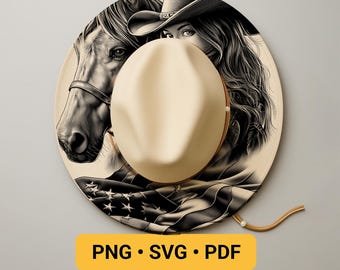 Horse and Cowgirl Hat Laser Engraving Design, USA Patriotic Hat Burning Stencil, Wide Brim Hat Burning Template, Western Pyrography Design