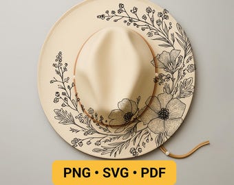 Hat Laser Engraving Design, Flowers Hat Burning Pyrography Traceable Design, Wide Brim Hat Burning Template, Floral Pyrography Stencil