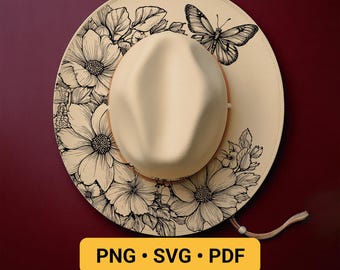 Flowers Hat Burning Design, Pyrography Stencil Hat, Laser Engraving Design, Cowgirl Hat Burning Pattern, Wide Brim Butterflies Template