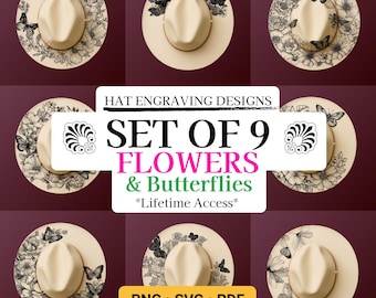 Set of 9 Hat Burning Design, Flowers & Butterflies Pyrography Stencil Hat, Laser Engraving Design, Wide Brim Hat Burning Stencil Template