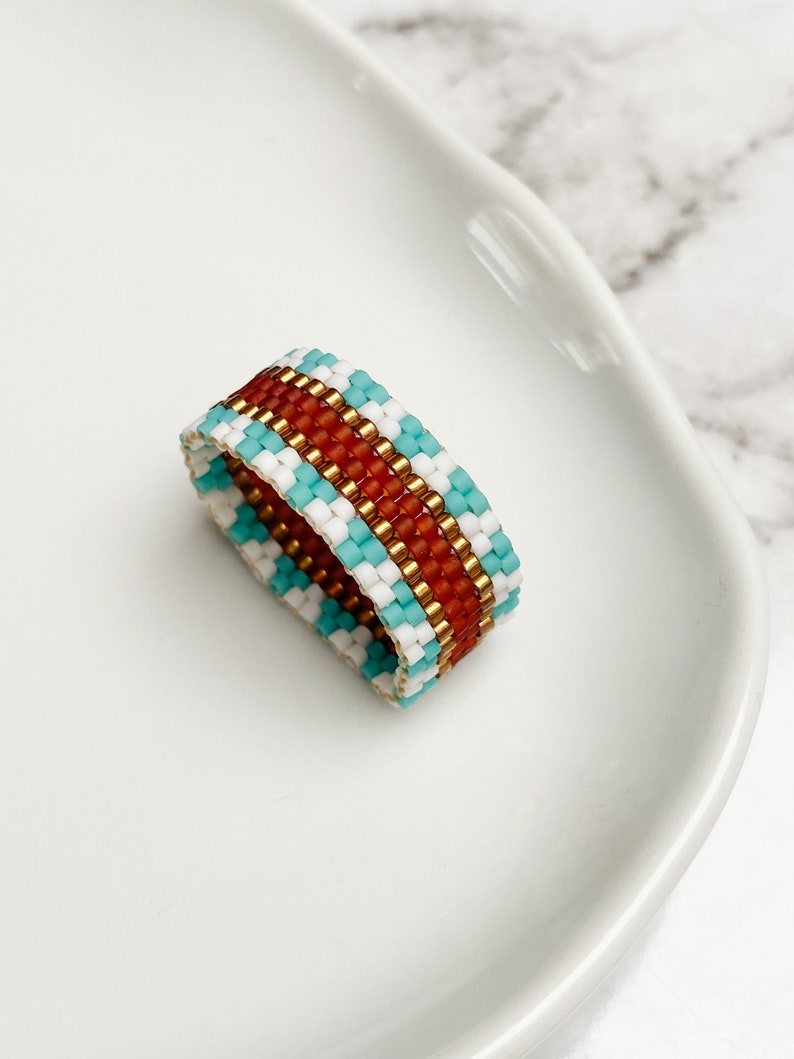 Handmade rings for women, Birthday jewelry gift for girlfriend, Thumb rings, Blue statement ring, Beaded wide band ring, Unique woven ring image 6
