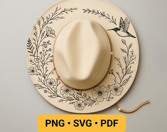 Kolibri- och blomhatt spårbar brinnande design, lasergraveringsdesign, hattbränningsmall för hatt med bred brätte, pyrografischablonhatt