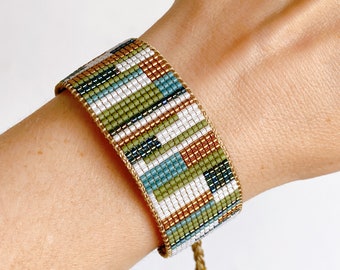 Beaded stripes bracelet & ring set for women, Birthday ideas gifts for her, Golden boho jewelry, Handmade unique gift for wife, Green bangle