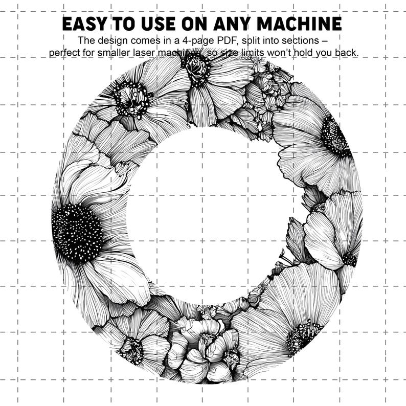 Puede incluir: Dise&ntilde;o floral en blanco y negro con forma de la letra "O". El dise&ntilde;o est&aacute; lleno de detallados dibujos lineales de flores y hojas. El texto en la parte superior dice "EASY TO USE ON ANY MACHINE". El dise&ntilde;o viene en un PDF de 4 p&aacute;ginas.