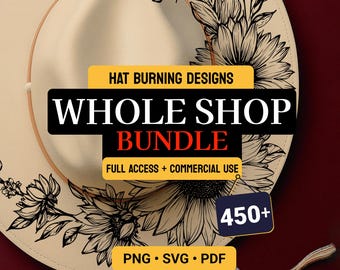 Paquete completo de más de 450 diseños para pirograbado de sombreros, plantillas para sombreros de pirograbado, plantillas de diseño para grabado láser, plantilla para pirograbado de sombreros de ala ancha en formato SVG y PDF.