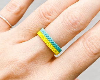 Ukraine Peyote Ring, Beadwork Jewelry, Blue Yellow ring, Ukrainian flag ring, Beadweaving Ring Seed Bead, Stand with Ukraine jewelry