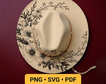 Desenho para gravação a laser em chapéu, PRONTO PARA IMPRIMIR, Estêncil para pirografia com flores em chapéu, Molde para pirografia em chapéu de aba larga, Desenho floral em pirografia