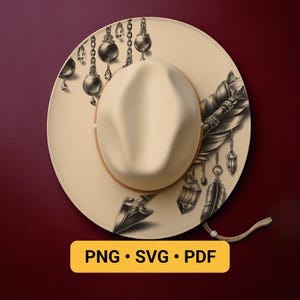 May include: Cream-colored fedora hat with a brown band and decorative silver-toned charms and feather design. The hat has a wide brim and a cream-colored crown. The text "PNG • SVG • PDF" is displayed on a yellow rectangle.