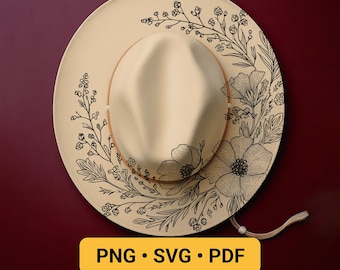 Flowers Hat Burning Traceable Design, Pyrography Stencil Hat, Laser Engraving Design, Cowgirl Hat Burning Pattern, Wide Brim Hat Burning