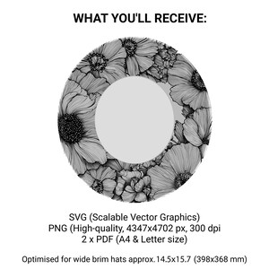 Puede incluir: Dise&ntilde;o floral en blanco y negro para sombreros de ala ancha. El dise&ntilde;o presenta una disposici&oacute;n circular de flores detalladas alrededor de un c&iacute;rculo gris central. El texto en la parte superior dice "WHAT YOU'LL RECEIVE:" y debajo, detalles sobre el formato de archivo y las dimensiones.