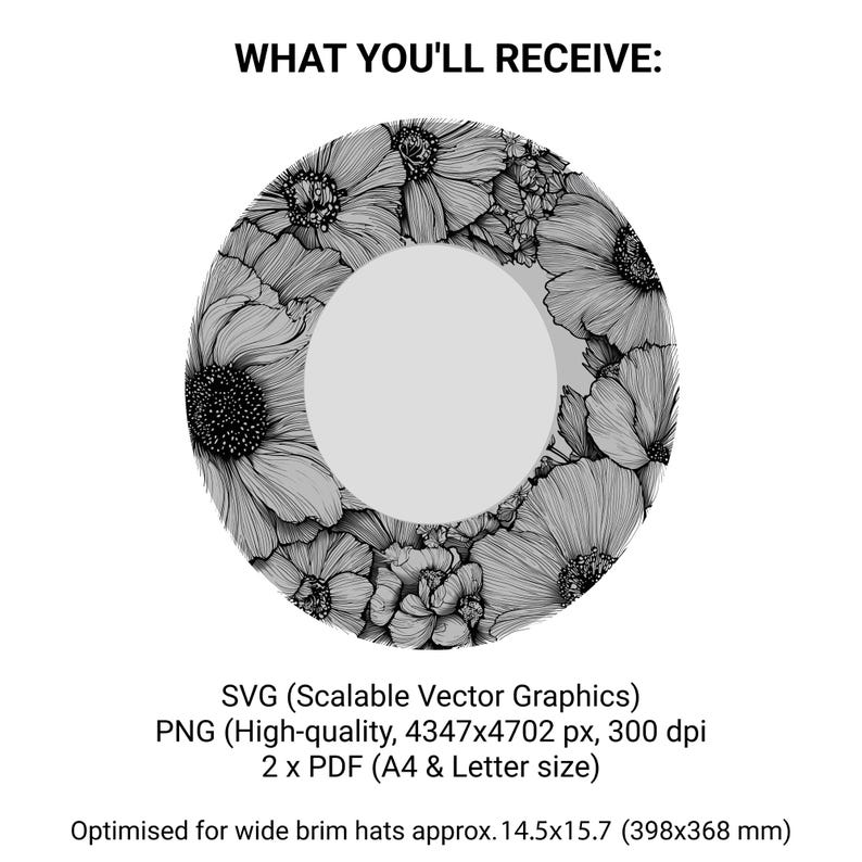 Puede incluir: Dise&ntilde;o floral en blanco y negro para sombreros de ala ancha. El dise&ntilde;o presenta una disposici&oacute;n circular de flores detalladas alrededor de un c&iacute;rculo gris central. El texto en la parte superior dice "WHAT YOU'LL RECEIVE:" y debajo, detalles sobre el formato de archivo y las dimensiones.