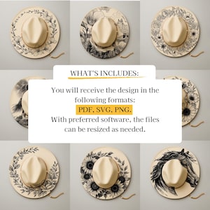 Puede incluir: Una colecci&oacute;n de sombreros fedora color crema con varios dise&ntilde;os florales y de animales en blanco y negro en el ala. La imagen incluye texto que indica que los dise&ntilde;os est&aacute;n disponibles en formatos PDF, SVG y PNG.