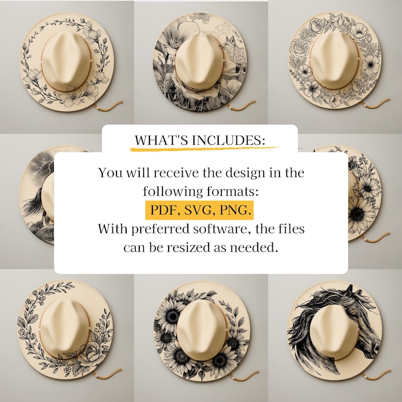 Puede incluir: Una colecci&oacute;n de sombreros fedora color crema con varios dise&ntilde;os florales y de animales en blanco y negro en el ala. La imagen incluye texto que indica que los dise&ntilde;os est&aacute;n disponibles en formatos PDF, SVG y PNG.