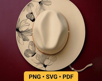 Flowers Hat Burning Design, Pyrography Stencil Hat, Laser Engraving Design, Cowgirl Hat Burning Pattern, Wide Brim Butterflies Template