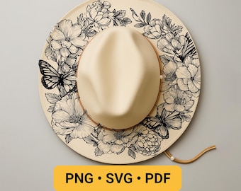 Hut Laser Gravur Design, BEREIT ZUM DRUCK, Schmetterling Hut Brennende Schablone, Hut Brennende Vorlage mit breiter Krempe, Natur Floral Pyrographie Design