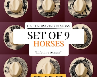 Set of 9 Hat Burning Design, Horse Pyrography Stencil Hat, Laser Engraving Design, Hat Burning Stencil, Wide Brim Hat Burning Template