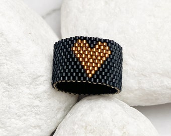 Woven black ring, Golden heart ring, Beaded jewelry gift ideas, Wide band love rings for women, Unique handmade jewelry glass ring for her