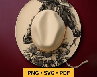 Hat Burning Pyrography Traceable Design, Horse and Cowgirl Laser Engraving Template for Wide Brim, Western Stencil Hat Burning Pattern