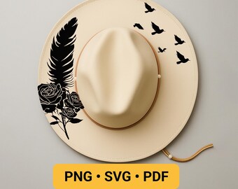 Feather Hat Burning Design, Pyrography Stencil Hat, Laser Engraving Design, Cowgirl Hat Burning Pattern, Wide Brim Hat Burning Template
