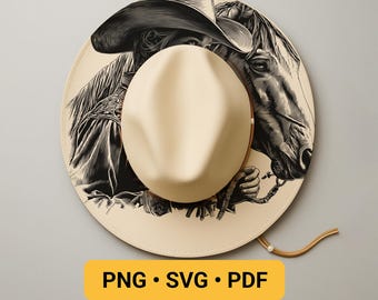 Hat Burning Pyrography Traceable Design, Horse and Cowgirl Laser Engraving Template for Wide Brim, Western Stencil Hat Burning Pattern