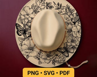 Flowers Hat Burning Design, Pyrography Stencil Hat, Laser Engraving Design, Cowgirl Hat Burning Pattern, Wide Brim Butterflies Template