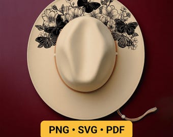 Hat Laser Engraving Design, READY TO PRINT, Butterfly Hat Burning Stencil, Wide Brim Hat Burning Template, Nature Floral Pyrography Design