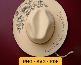 Kristen hatt med brinnande design, pyrografisch stencilhatt med lasergravyr, bibelvershatt med brinnande mönster, mall för brinnande hatt med bred brätte