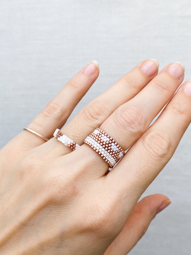 Pair of woven white rings, Stackable bands set his and hers, Handmade unique jewelry set, Glass rings for woman, White bronze beaded rings image 6