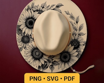 Hat Laser Engraving Design, READY TO PRINT, Sunflowers Hat Burning Stencil, Wide Brim Hat Burning Template, Nature Floral Pyrography Design