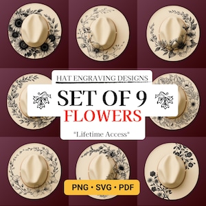 Set of 9 Flower Hat Burning Designs, Floral Pyrography Stencils for Laser Engraving & Hand Burning (SVG, PNG, PDF Bundle)