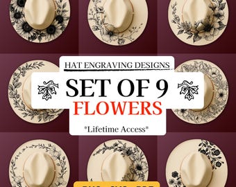 Juego de 9 plantillas de pirograbado floral para grabado láser y grabado a mano (paquete de SVG, PNG y PDF)