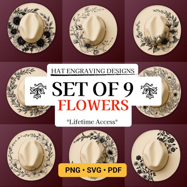 Set of 9 Flower Hat Burning Designs, Floral Pyrography Stencils for Laser Engraving & Hand Burning (SVG, PNG, PDF Bundle)