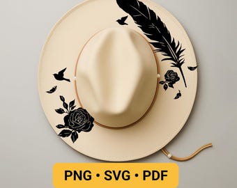 Feather Hat Burning Design, Pyrography Stencil Hat, Laser Engraving Design, Cowgirl Hat Burning Pattern, Wide Brim Hat Burning Template