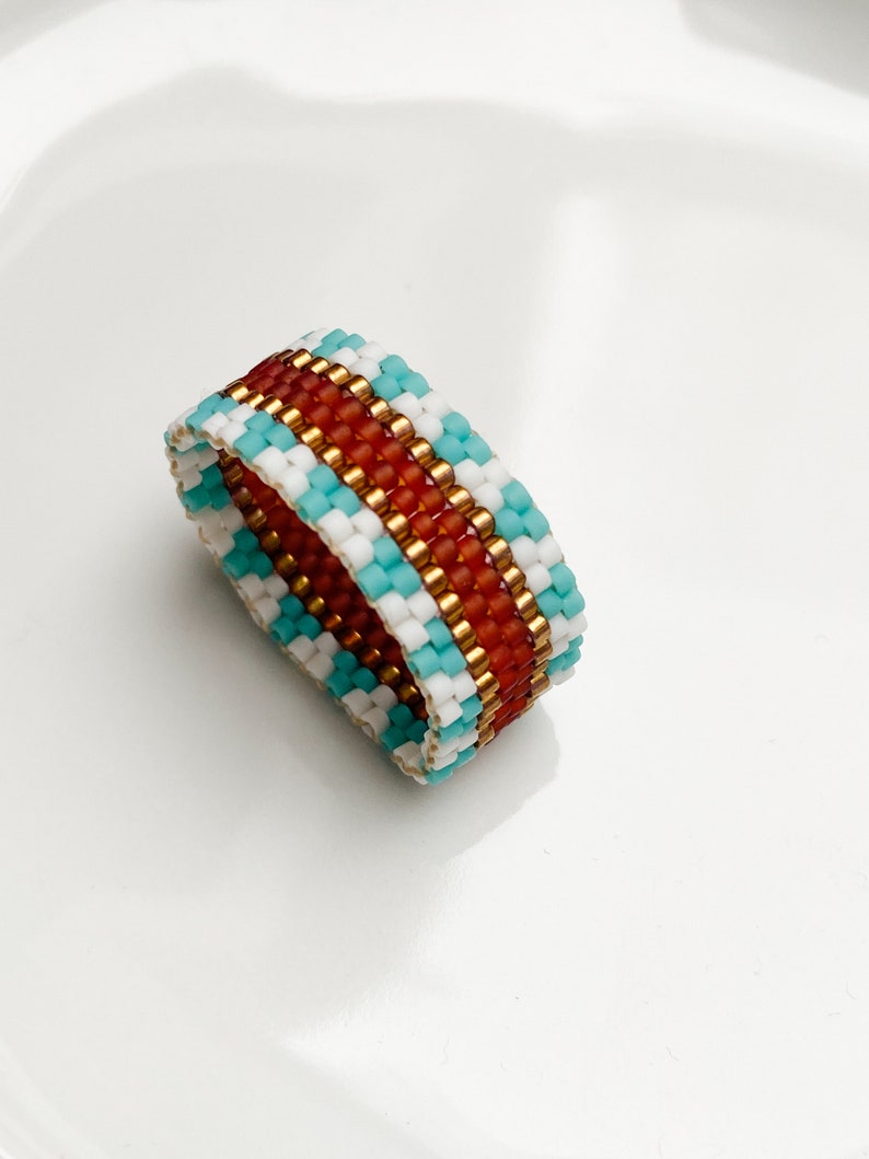 Handmade rings for women, Birthday jewelry gift for girlfriend, Thumb rings, Blue statement ring, Beaded wide band ring, Unique woven ring image 8