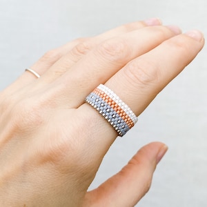 Grey pink Boho Style ring, Gifts for her ideas jewelry, Woven beaded bracelet with ring, Summer silver grey accessories, Gift for woman Ring