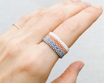 Grey pink Boho Style ring, Gifts for her ideas jewelry, Woven beaded bracelet with ring, Summer silver grey accessories, Gift for woman