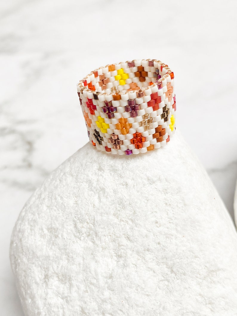 Unique handmade beaded ring for woman, White wide band statement rings, Boho Style Handwoven Jewelry, Woven seed bead ring, Birthday gifts image 6