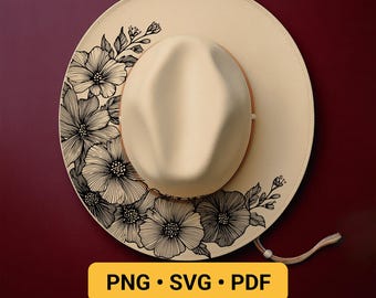 Flowers Hat Burning Design, Pyrography Stencil Hat, Laser Engraving Design, Cowgirl Hat Burning Pattern, Wide Brim Hat Burning Template