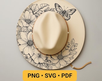 Hut Laser Gravur Design, BEREIT ZUM DRUCK, Schmetterling Hut Brennende Schablone, Hut Brennende Vorlage mit breiter Krempe, Natur Floral Pyrographie Design