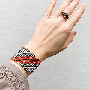 Black Red Bracelet, Seed bead cuff, Wide beaded bracelet, Bead loom cuff, Beaded cuff bracelet, Bohemian cuff, elegant cuff, Cocktail cuff